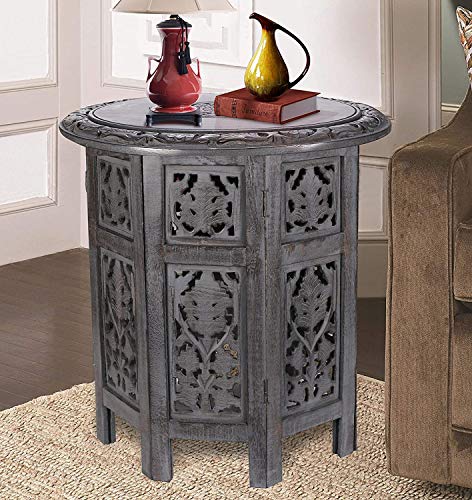 Solid Wood Hand Carved Accent Table, Side Table, entryway Table, Wooden end Table, Bedside Table, Octagonal Wooden Table - 15 Inch Round Top x 15 Inch High - Grey