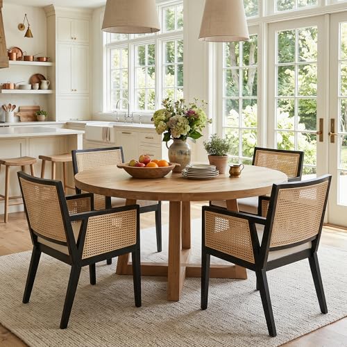 Image of HNY Farmhouse Rattan Dining Chairs with Arm Set of 4, Black Solid Hardwood Frame, Upholstered Linen Seat, Ergonomic Cane Back Dining Room Chairs for Kitchen, Dining Room, Apartment, Beige
