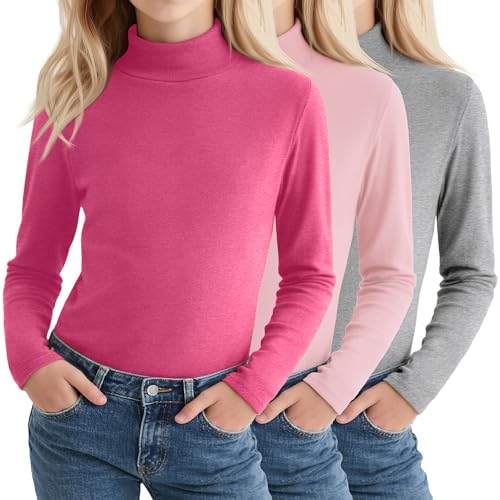3 Pack Girls' Mock Turtleneck Long Sleeve T-Shirt Kids Warm Soft Tops Slim Fit Basic Layer Fall Winter Tees