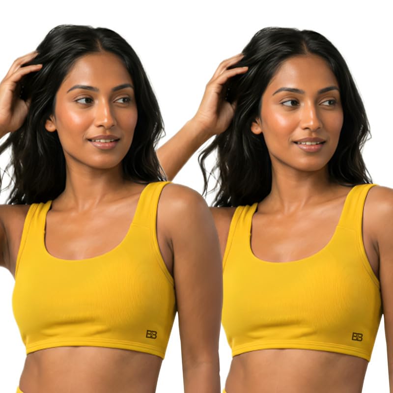 bold & beauty Women’s Cotton Blend U Neck Sports Bra Non-Wired Pad Optional Medium Support Activewear Fitness Bra for Gym Yoga (Pack of 2) Yellow-picture-34
