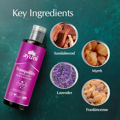 Ayumi Tranquility Massage Body Oil | Relaxing, Promotes Sleep & Uplifts Mood | Rose Geranium Oil, Lavender Essential Oils & Frankincense Oil for skin | Ayurvedic Bath & Body Oil for Women & Men| 250ml - Image 4