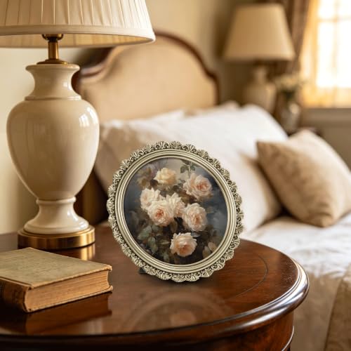 Image of eletecpro 8x8 Round Picture Frame with Glass Cover, Vintage Gold | Retro Ornate Gold Photo Frame for Tabletop or Wall Mount Decor