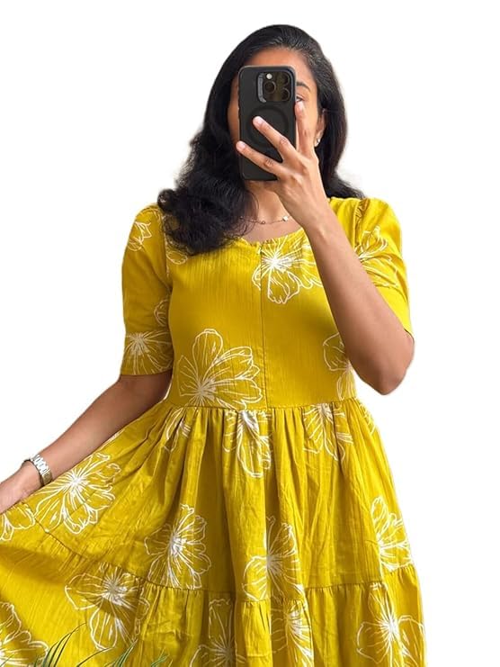Image of Women Floral Print Cotton Blend Midi Dress, Short Sleeve