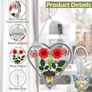 Kybosam heart suncatcher for windows hangings grandma gift stained glass butterfly suncatcher pressed flower between heart in glass metal engraved charm gift for women mothers day birthday christmas  urban country home decor