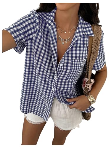 SweatyRocks Women's Short Sleeve Gingham Plaid Button Down Lapel Collar Blouse Summer Shirts