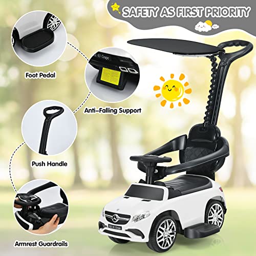 Infans 4 In 1 Licensed Mercedes Benz Ride On Push Car, Kids Toy Stroller For Toddlers With Push Handle, Baby Foot-To-Floor Sliding Walker With Removable Canopy, Music, Horn, Under Seat Storage (White) #TOP4