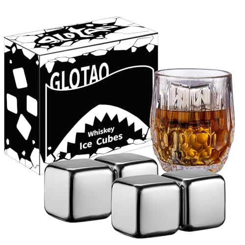 Glotao 4 Pedras Grandes Para Uísque De 64 Cm³ (4 Pol³) - Conjunto Presente Masculino Reutilizável Em Aço Inoxidável Com Esferas Gelo Metal Bebidas Geladas, Vinho Tinto, Cerveja Bar, Escocês E Vodca