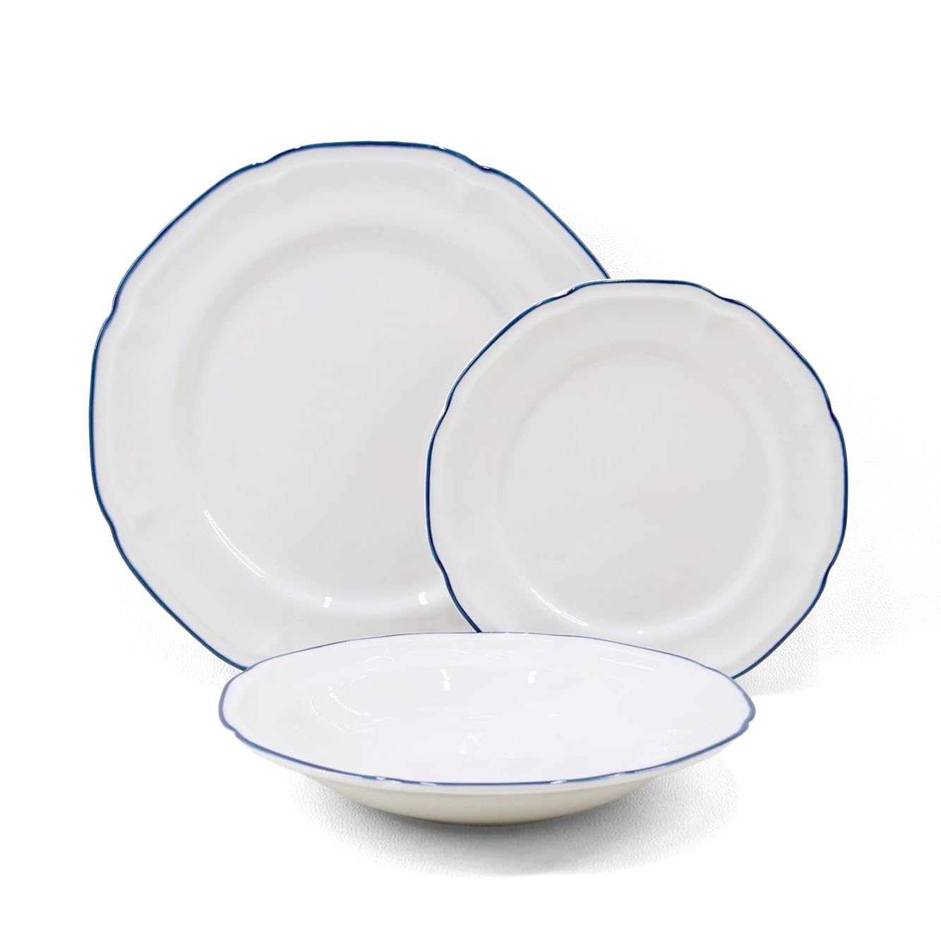 Brigros - Servizio Piatti 18 Pezzi in Ceramica Bianca con Bordo Dipinto a Mano, Set Piatti 6 Persone in Porcellana Elegante e Moderna, Modello Grace (Blu)