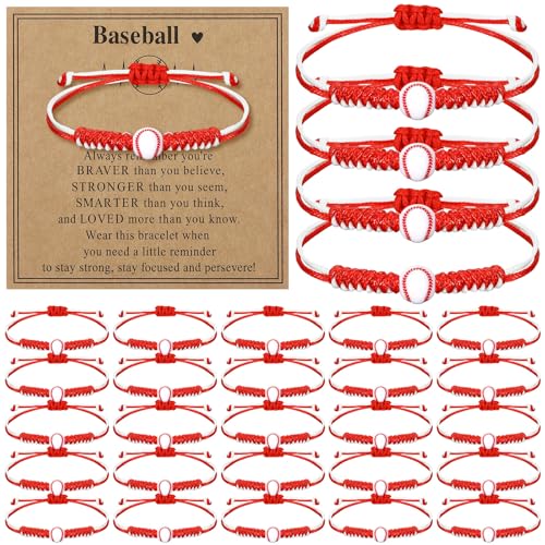 Ecation 30 Sets Sports Charm Bracelets Bulk with Inspirational Card for Sports Party Favor Team Group Player Gifts(Baseball)