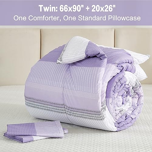 Litanika Lavender Comforter Set Twin/Twin XL - 2 Pieces Lightweight Lavender Purple White Colorblock Stripe Fluffy Bedding Comforter Sets, All Season Bed Set