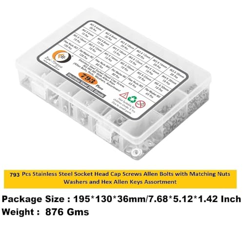 Image of M3 M4 M5 Stainless Alloy Steel 202 Grade Socket Head Cap Screws Nuts Allen Bolt Washer with Allen Keys Assortment Kit Set with Storage Box Pack of 793 Pcs