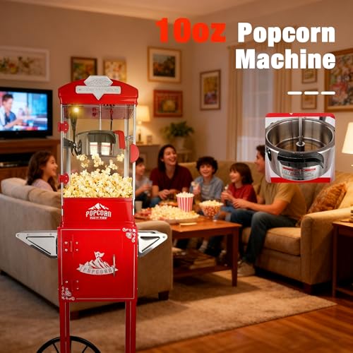 Image of Popcorn Machine with Cart - Stainless Steel Pot with Storage - Cinema Style Retro Popcorn Maker with Wheels for Home Parties, Movie Theaters, Christmas Concession Equipment - Red (10OZ /Cart)