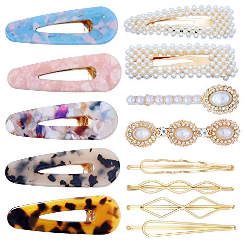 13 Pcs Hair Clips for Women Ladies Artificial Pearl Snap Clips Alligator Clips Acrylic Hair Barrettes Gold Bobby Pins Hair Accessories for Daily Party Wedding