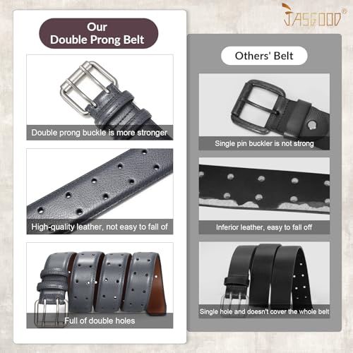 Image of JASGOOD Men Double Prong PU Leather Belt Casual Work Heavy Duty Belt Double Grommet Holes Belt for Jeans