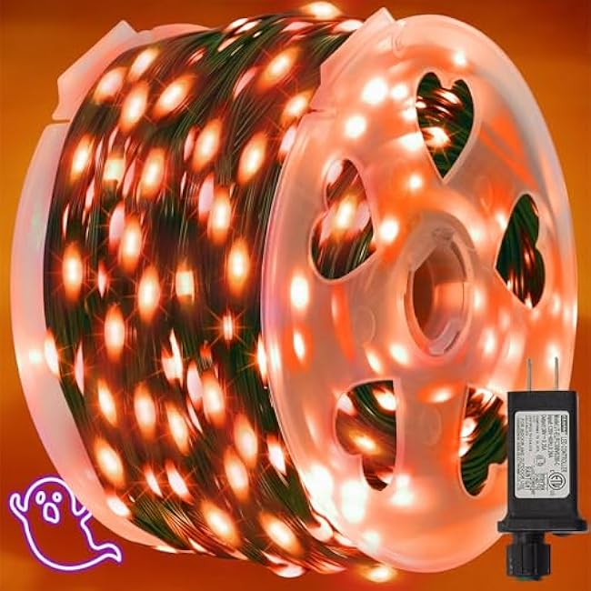 WATERGLIDE Extra Long 328 FT Halloween Lights, 1000 LED Outdoor Fairy String Light, Green PVC Copper Wire Christmas Lights, Plug in 8 Modes & Waterproof for Tree Party Home Yard Decor, Orange