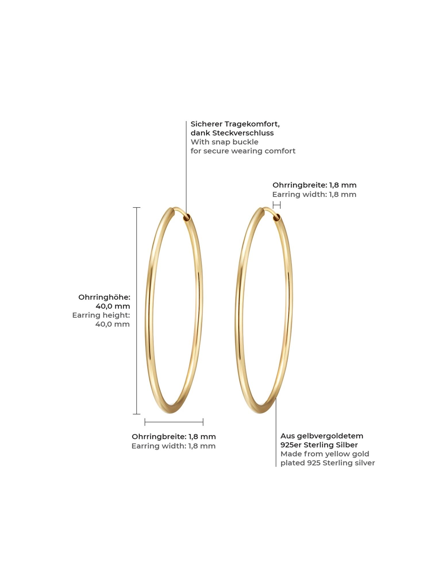 Damen Creolen aus 925/- Sterling Silber gelbvergoldet | Goldene Creolen,groß,Ohrringhöhe 4 cm,klassiche,Basic,Silbercreole,Gold