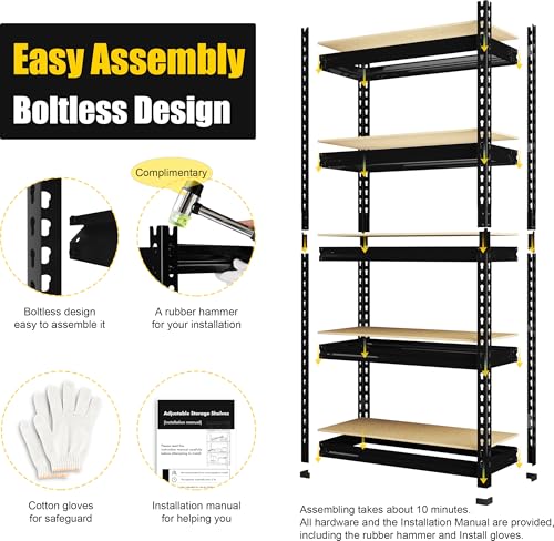 Image of PrimeZone Storage Shelves, 27.5 inch W X 12 inch D X 59 inch H Adjustable Metal Heavy Duty Garage Shelving Unit, 5 Tier Industrial Standing Utility Rack Organizer for Warehouse, Pantry, Kitchen, Basement, Black