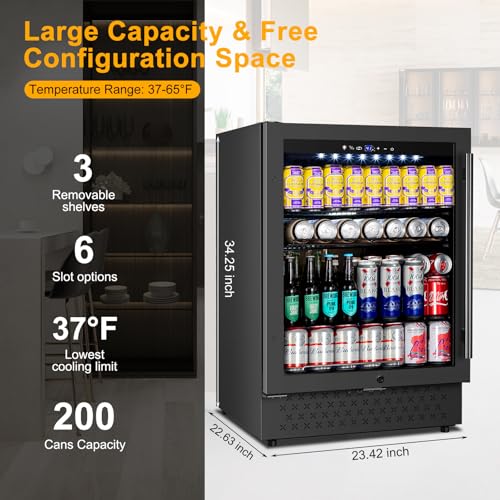 Image of Beverage Refrigerator 24 Inch 200 Can Drink Fridge with Glass Door, Under Counter /Freestanding Beverage Cooler with Temperature Control, Reversible Door, Quick Cooling for Beer Soda Wine, Black