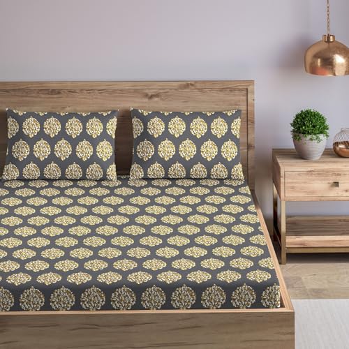 Image of Trance Home Linen 200TC 100% Cotton 75 inchx60 inch Double Bed Size Elastic Fitted Bedsheet | Printed Double Size Bed Elasticated Fitted Bedspread with 2 Pillow Covers (75x60 inch, Damask Warm Grey Mustard)