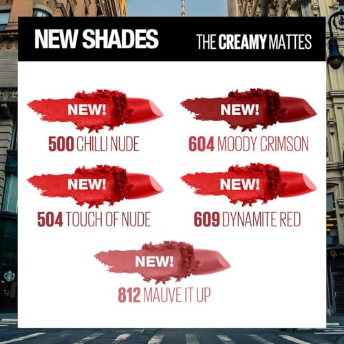 Image of Maybelline New York Matte Lipstick, Intense Colour, Keeps Lips Moisturised,609 Dynamite Red, Color Sensational Creamy Matte Lipstick, 3.9g