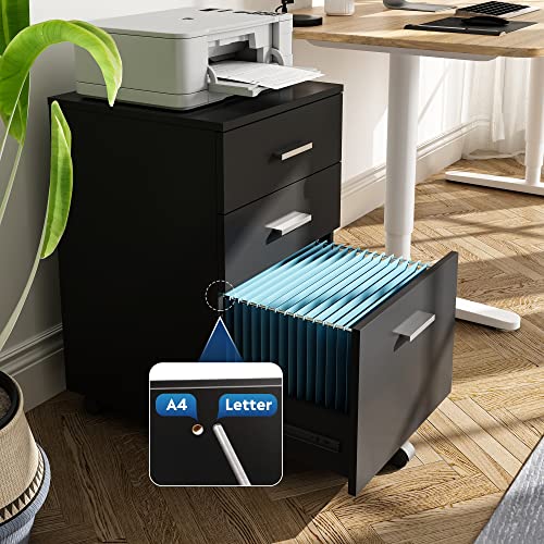 Image of DEVAISE 3 Drawer Mobile File Cabinet, Wood Filing Cabinet fits A4 or Letter Size for Home Office, Black