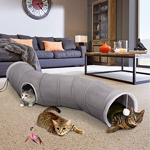 Image of Ownpets S-Shape Cat Tunnel Toy 48 inchL x 10 inchD, for Cats, Puppies & Small Pets | Collapsible for storage, tear-resistant oxford fabric, connects to other tunnel, with peek hole, feather wand, indoor /outdoor