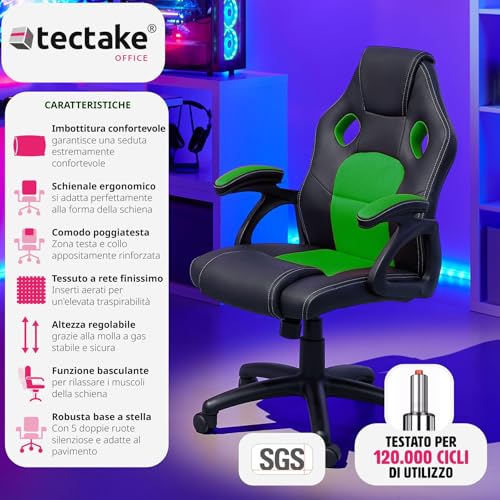 ® Sedia da Ufficio Ergonomica, Sedia Scrivania con Rotazione 360°, Imbottitura Confortevole, Rivestimento Similpelle, Poltrona Gaming con Altezza Regolabile, 5 Rotelle Doppie - Nero/Verde - Sedia gaming - Immagine 2