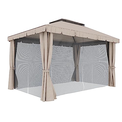 Gazebo Da Giardino 3 x 4 M In Acciaio Robusto Copertura Impermeabile 180 g/mยฒ Con 4 Teli Laterali E Zanzariere Per Esterno Giardino Piscina Fiere Campeggio Ombreggiante Privacy (Beige)