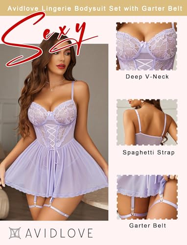 Image of Avidlove Women Lace Mesh Babydoll Lingerie Set with Garter Belt