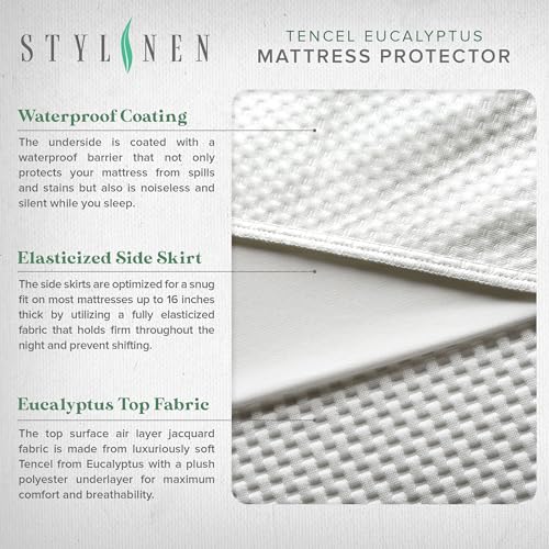 Image of STYLINEN Tencel Eucalyptus Waterproof Mattress Protector - 100% Waterproof, Ultra Soft & Cooling with 16 Deep Pockets, Noiseless Protection from Stains & Spills (Queen)