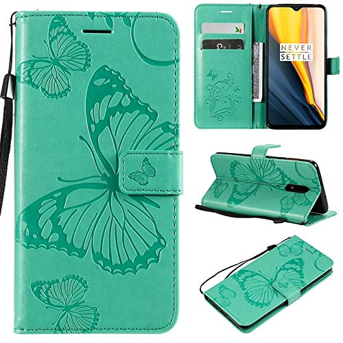 PU Leather, Clamshell Butterfly Flower Floral Pattern PU Leather Clamshell Wallet Stand Case with Wrist Strap for OnePlus 7 / OnePlus 6T Phone case,Protective Cover (Color : Green)