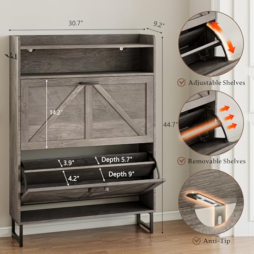 Image of BORNOON Shoe Cabinet with 2 Flip Drawers Narrow Shoe Storage Organizer Wooden Freestanding Rack Hidden Slim Shoes Storage Cabinet for Entryway, Hallway, Living Room, Bedroom (Grey)