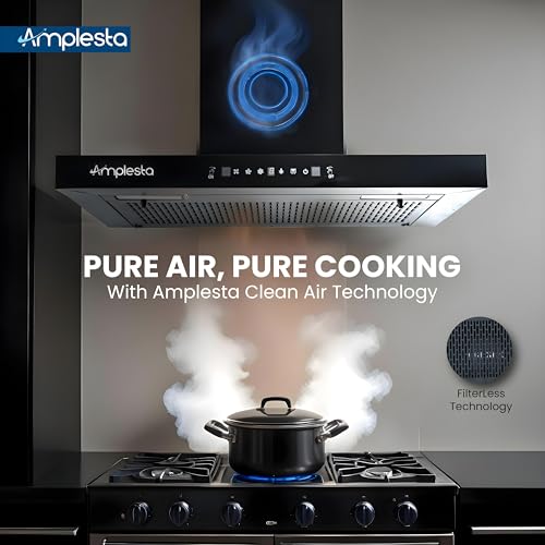 Image of Amplesta Sereno 90CM Chimney for Kitchen Auto Clean 1350 m3 /hr Vertical Wall Mounted Kitchen Chimney for Home Filterless Two Way Suction Touch & Gesture Control (Sereno MS AC FL 90 BK)