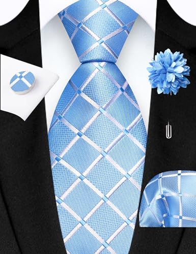Image of GUSLESON 3.15 inch（8cm） Mens Tie and Lapel Pin Plaid Checkered Necktie Hankerchief Cufflinks Set for Men
