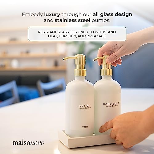 Maisonovo Glass Soap Dispenser With Pump | Vintage Soap Dispenser Bathroom And Kitchen Soap Dispenser Set With Dish Soap, Hand Soap, Lotion Waterproof Labels | White Bottles Gold Pumps - Set Of 2 #TOP5