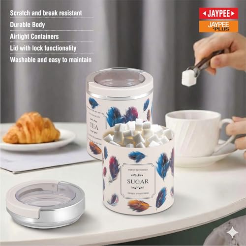 Image of Jaypee Plus Classique 2 Tea Coffee Sugar Storage Container Set 750 ml Airtight Plastic canisters Tea containers for kitchen | Silicon rubber lock Stackable glossy finish transparent Lid, Ivory Multi