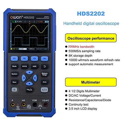 Image of OWON HDS2202 2CH Handheld Oscilloscope 200MHz Bandwidth 20000 Counts Multiumeter OSC + DMM