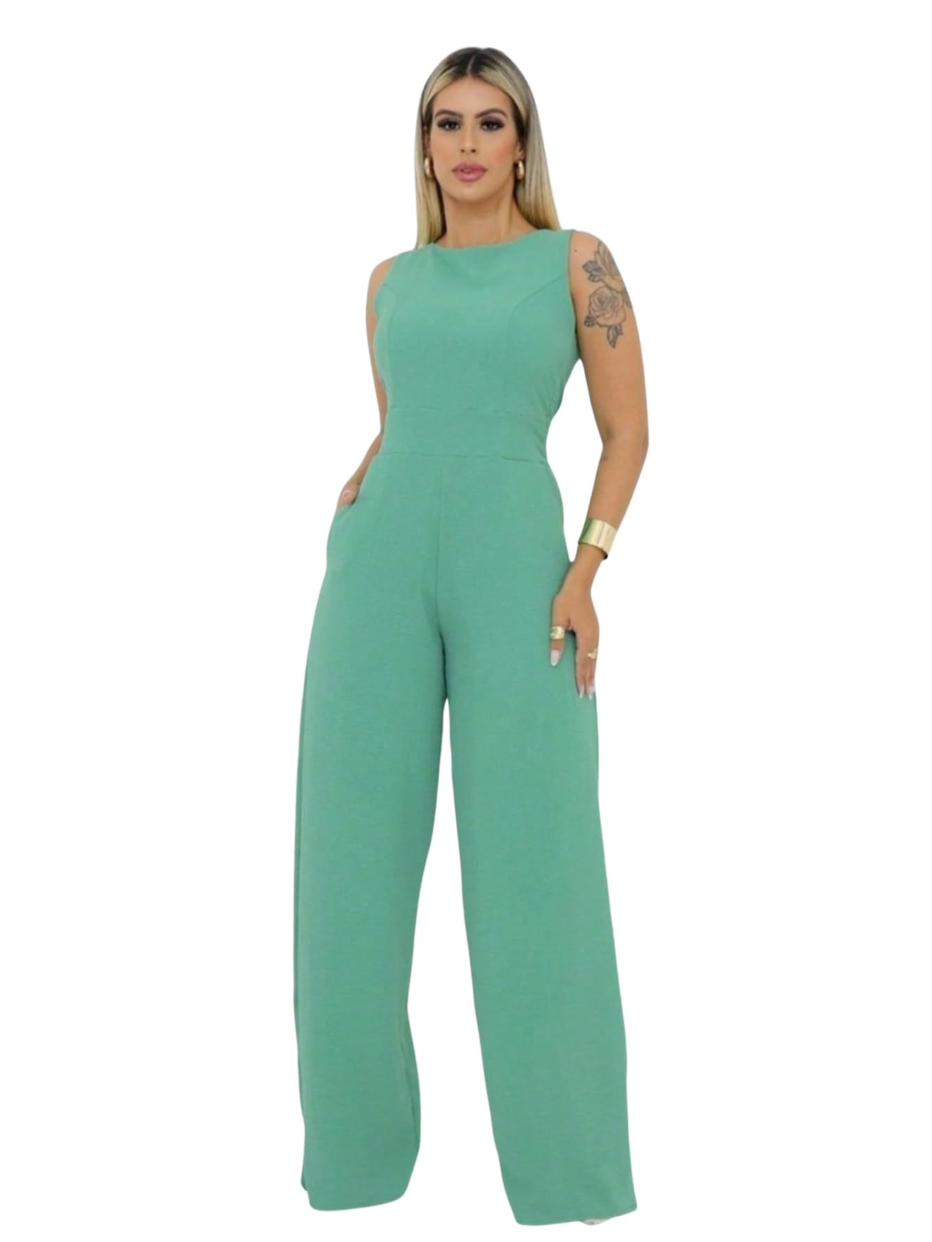 Macacão Feminino Longo Regata Pantalona Com Bolsos Linha Premium Luxo