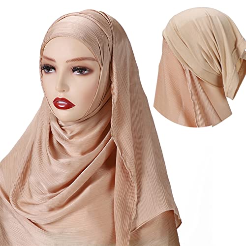 Muslim Hijab For Women Summer Instant Hijab Scarf Women Wrinkled Satin Long Shawl With Jersey Tube Inner Cap Hijab (Color : Beige Yellow, Size : One Size) #TOP19