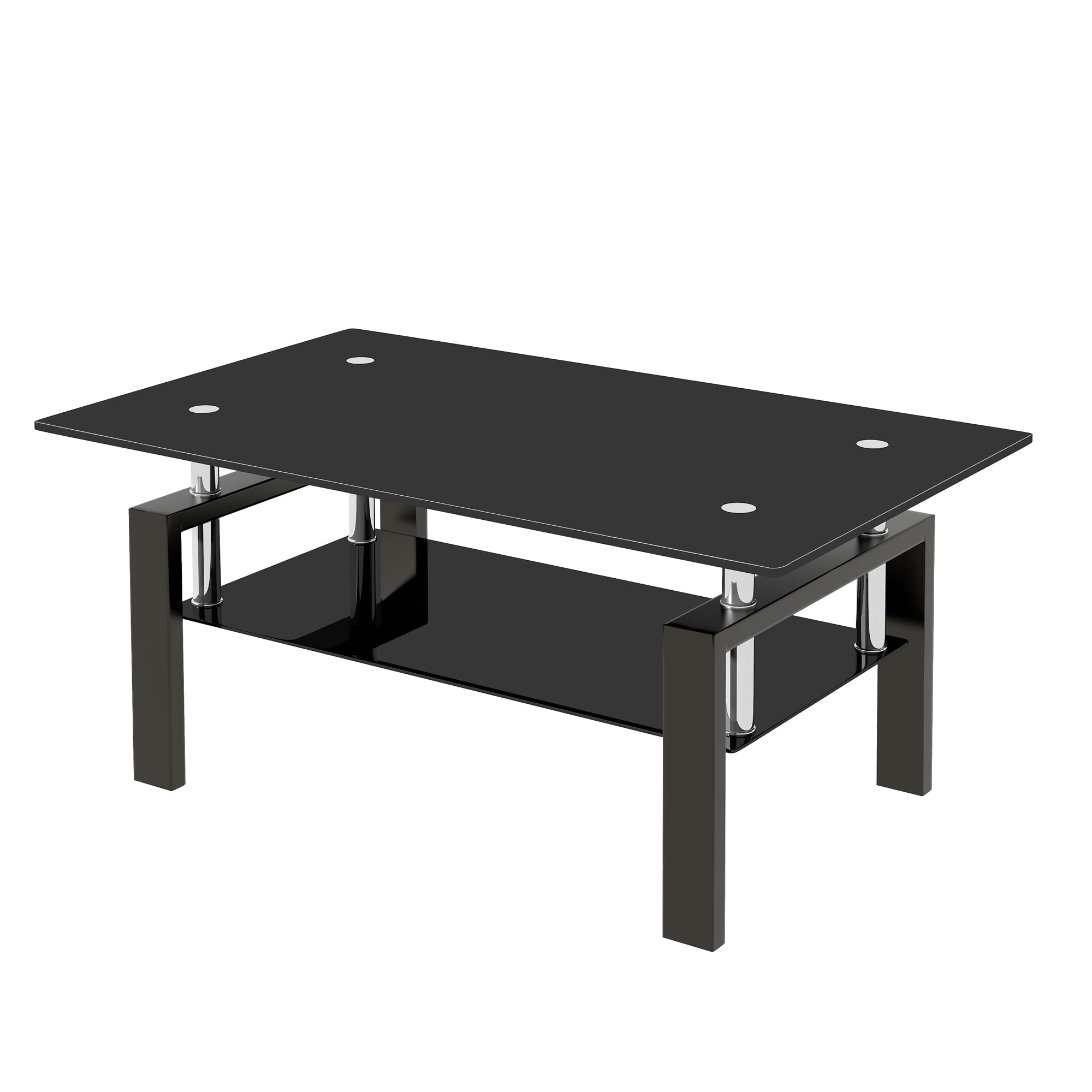 Black Tempered Glass Coffee Table, 2 Layer Storage Tea Table, wenjingqiUS-W327126618