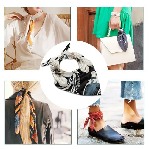 Square Head Scarf Silk Like Neck Scarf Black And White Hawaiian Flowers Satin Bandanas Sleeping Hair Scarfs Fashion Silk Feeling Scarfs Boho Headwear Kerchief 18"×18"4