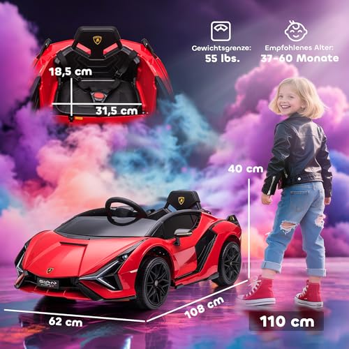 HOMCOM Kinder Elektroauto 12V Kinderauto mit 2,4 G Fernbedienung, 2 Motor, Kinderfahrzeug mit Hupe, LED, Musik, Elektrofahrzeug für 3-5 Jahre Kinder, Rot