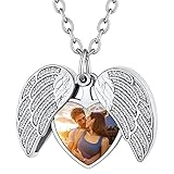 Custom4U Cubic Zirconia Angel Wing Heart Necklace with Picture Custom Personalized Photo Locket Necklaces for Women