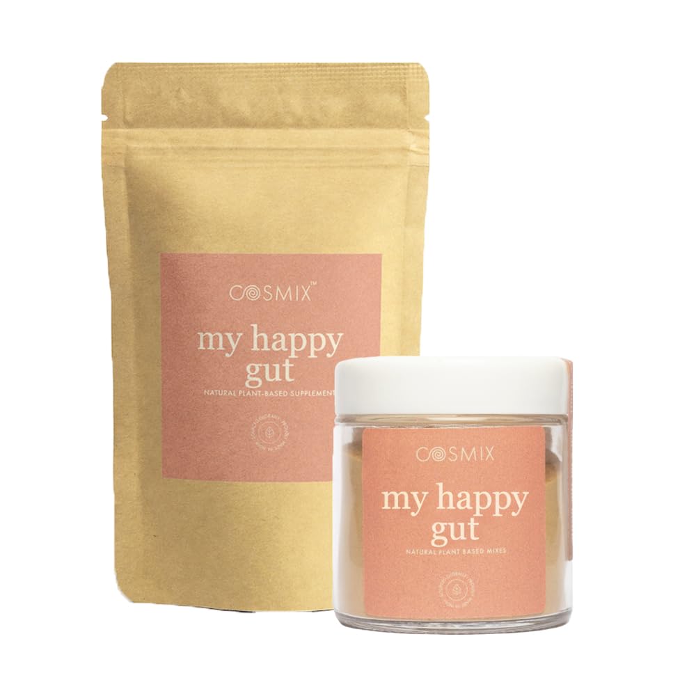 Cosmix My Happy Gut | PREBIOTICS & PROBIOTICS - Promotes healthy gut microbiome| Mulethi & Triphala Powder | Helps with Acidity, Digestion & Bloating| 120g-80 servings (Jar + Refill Pouch)
