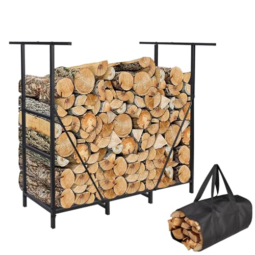 Vailge Firewood Rack Outdoor 4FT with Waterproof Firewood Carrier Bag, Adjustable Heavy Duty Steel Firewood Holder Storage, Log Rack for Fireplace, Fire Pit, Backyard, Camping