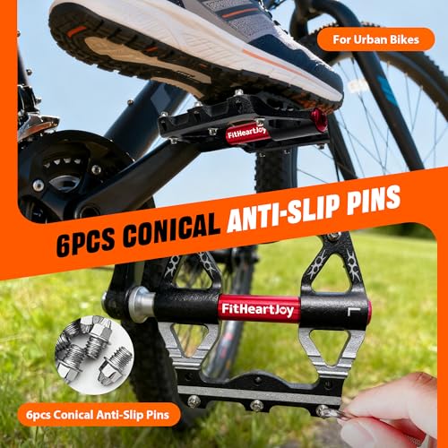 Image of Mountain Bike Pedals, MTB Pedal with 3 Sealed Bearings, 9 /16 inch, CNC Aluminum Flat Bicycle Accessories with Anti-Slip Pins for Mountain Road Bike (Red /Black /Blue /Grey)