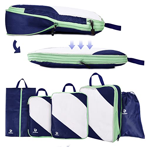AiQInu Organizador de Maleta, 5 piezas Compression Packing Cubes Ultraligera,Expansible, Ahorro de Espacio Organizadores de Viaje Para Ropa, Ropa Interior,Bolsa Zapatos Viaje (Azul oscuro)