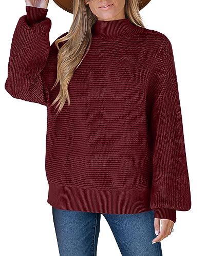 Womens Sweaters 2023 Fall Winter Ribbed Knit Lantern Sleeve Oversized Pullover Tops3