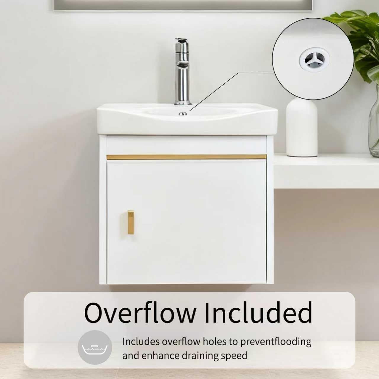 17-inch Wall-Mounted Compact Bathroom Vanity with Ceramic Basin for small space, Faucet, and Complete Drainage Accessories Cabinet Set with White Top White Faucet Pop Up Drain