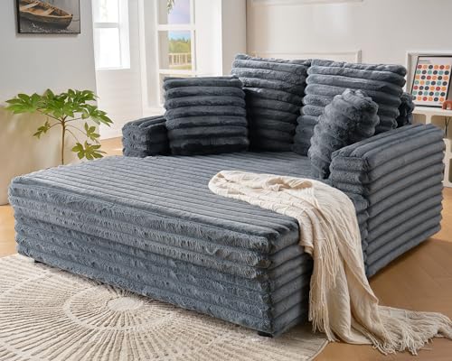 VanAcc 53 Inch Chaise Lounge Indoor, Upholstered Sofa Bed with Throw Pillows and Armrests, Sleeper Chair- Plush Chair Bed for Living Room, Grey